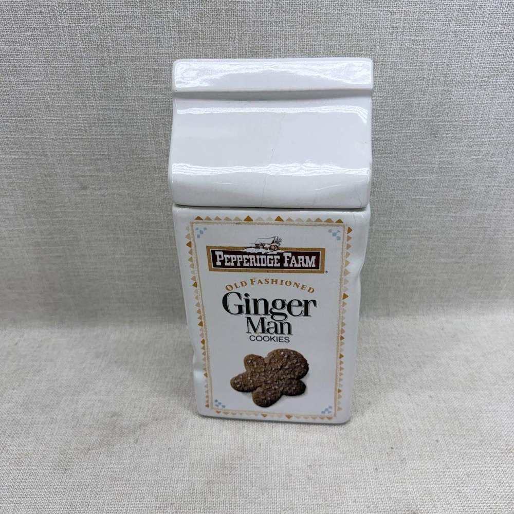 Vintage Pepperidge Farm Ceramic Cookie Jar Milk Carton Ginger Man Chocolate Chip